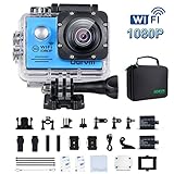 WiFi Actioncam Full HD 1080P Unterwasserkamera Digital Wasserdicht 2.0 Zoll LCD Helmkamera mit 2 Stü. Batterien, Action cam für Kinder, Extremsport und Outdoor-Sportaktivitäte (BLAU)