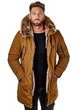 EightyFive EF7128 Herren Parka Mantel Winterjacke Kunstfell Kapuze Warm Gefüttert Teddyfell Schwarz Khaki Camel XS-XL, Größe:M, Farbe:Camel