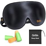 Gritin Schlafmaske, Augenmaske Nachtmaske Verstellbarem Gummiband 100% Hautfreundlich Seide Geruchneutral Schlafbrille mit Ohrst?pseln und Tragbare Tasche - Schwarz