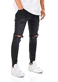 EightyFive Herren Destroyed Jeans Slim Fit Skinny Stretch Denim Schwarz EF1512, Farbe:Schwarz, Hosengröße:W32 L32