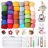 Jeteven® 36 Farben Filzwolle Basteln Quennslandwolle Schafwolle DIY mit Werkzeug Set (10 Arten = 39er), geeignet für Nassfilzen und Trockenfilzen