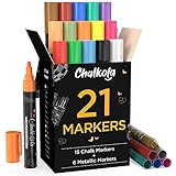 Kreidestift & Metallicfarben – Packung mit 21 Kreidemarkern - Für Tafeln, Whiteboard, Fenster, Etiketten, Bistros – 6mm Kugelspitze