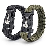 STEINBOCK7 Survival Armband, 2er Set Schwarz Grün, Paracord + Pfeife + Feuerstein + Messer, Anleitung zum Flechten