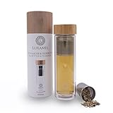Luxamel | Teeflasche/Teebereiter aus Glas | Doppelwandig mit Sieb und Bambus Deckel | Im exklusivem Geschenkkarton | BPA-frei | 450 ml