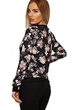 WearAll Damen Blumen Bomber Jacke Damen Lang Hülle Rose Druck Reißverschluss Besatzung Hals - Schwarz - 44-46