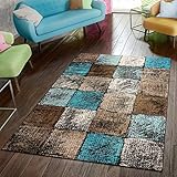 Paco Home Designer Teppich Wohnzimmer Ausgefallene Farbkombination Karo Türkis Braun Creme, Grösse:80x150 cm