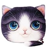 Flauschiger Geldbeutel/Münzbörse/Make-Up- Und Kosmetiktäschchen Für Junge Frauen/Mädchen Mit Süßem Katzenmotiv (Animal Print), Katzenohren Und Schwänzchen (Reißverschluss) (Violett-Weiß)