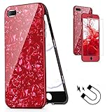 LCHULLE Kristall Abdeckung iPhone 7/8 Plus Slim Hülle, Luxus Schön Galvanisiermuster 360 Voller Schutz Magnetische Adsorption PC Hart Rüstung Schutzhülle, Rot