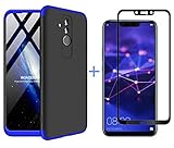 AILZH Huawei Mate 20 lite Hülle+Gehärteter Glas Folie 360 Grad HandyHülle PC Hartschale Anti-Schock Schutzhülle Anti-Kratz Stoßfänger Bumper 360° Cover Case matt Schutzkasten(Blau schwarz)