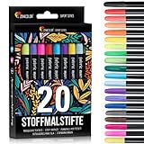 20 Textilmarker Stoffmalstifte von Zenacolor - Nicht Giftige Filzstifte, Dokumentenecht und Permanent mit Feiner Spitze - Ideal für Tshirts, Schuhe, Taschen, Jutebeutel, und Andere Stoffarten