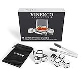 VINENCO Whisky Steine Ice Cubes 8er Set + Stoffbeutel 8 Wiederverwendbare Edelstahl Kühlsteine | Whiskey Rocks Eissteine Cooling Stones | Eiswürfel Ersatz für Cocktails, Drinks - Kein Verwässern