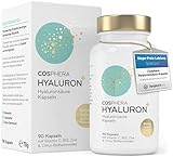 Hyaluronsäure Kapseln - Hochdosiert mit 395 mg pro Kapsel. 90 vegane Kapseln im 3 Monatsvorrat - 500-700 kDa - Angereichert mit Vitamin C, B12 und Zink - Für Haut, Anti-Aging und Gelenke - Cosphera