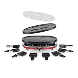 H.Koenig RP418 Raclette-Gerät 4 in 1 / 8 Personen / Raclette, Natursteingrill, Crepe-Platte und Grillplatte / mit 8 Pfännchen / 1500 W / schwarz/rot