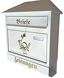 Naturholz-Schreinermeister Großer Briefkasten/Postkasten XXL Weiß mit Zeitungsrolle Schrägdach Trapezdach