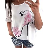OVERDOSE Frauen Kurzarm Blumen Pumps Gedruckt Tops Strand Beiläufige Lose Bluse Top T-Shirt（Weiß,EU-38/CN-M