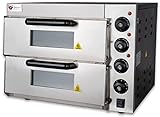 Beeketal 'BPO33-2' Profi Doppel Kammer Pizzaofen mit 2x 400x400 mm Schamottstein Backflächen, Gastro Steinbackofen für Pizza, Brot und Backwaren, Leistung 3000 Watt, Ofen Temperatur bis zu 350°C (Ober- und Unterhitze getrennt regelbar), Pizzabackofen mit Glastüre und Innenbeleuchtung, inkl. Reinigungsbürste