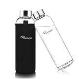 RYACO Glasflasche Trinkflasche Classic Tragbare 550ml BPA-frei für unterwegs Sportflasche Glas Wasserflasche zum Mitnehmen von kalten Heiß Getränken mit Neopren Tasche und Schwammbürste (Schwarz)