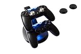 GAMINGER Ladestation für 2 PlayStation 4 Dualshock Controller, mit LED-Ladestatusanzeige, in schwarz, Aktionszugabe 2 Thumb Grips