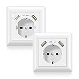 Alanan 2.8A USB Steckdosen 55mm x 55mm Schuko Wandsteckdose Unterputz mit 2 USB Anschluss Ladegeräte weiß (2 Pack)