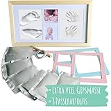 Baby Bilderrahmen mit Gipsabdruck Set I Abdruckset für Babyfüße & -hände I Babyrahmen aus Holz I Babyabdruck Set mit Anleitung I Ideales Geschenk zu Geburt oder Babyparty