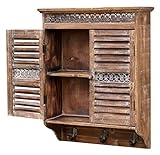 amadeco Aussergewöhnlicher Hängeschrank Küchenschrank Wandschrank Wandregal Wandgarderobe Garderobe im Landhaus Shabby Chic Vintage Stil - 2 Türen - 2 Innenfächer - 3 Haken - Braun - Holz