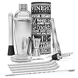 VINENCO Cocktailshaker Set Cocktailrezepte Ebook – Premium Edelstahl Bar Cocktailset: Professioneller Cocktail Shaker/Martinishaker / Mixer mit Sieb, Messbecher, Barlöffel, Gabel + Barstößel