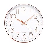 Jeteven® 30cm Rund Wanduhr Kinderuhr mit geräuscharmem Uhrwerk mit schleichender Sekunde groß Quarz-Wanduhr ohne Tickgeräusche modern für Wohn- /Schlaf- / Kinderzimmer Büro Cafe Restaurant (Rosegold)