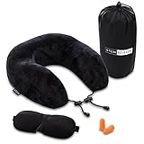 SteinBEISSER PREMIUM Reise-Nackenkissen Nackenhörnchen – flauschiges Nackenstützkissen zum Reisen - 3er Set mit Schlafbrille, Ohrenstöpsel und Tragetasche zum RELAXEN