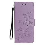 Reevermap Samsung Galaxy A50 Hülle, Handyhülle Tasche Leder Flip Case Brieftasche Etui Ständer Book Blume Schmetterling Muster Schutzhülle für Samsung Galaxy A50 Cover - Helles Lila