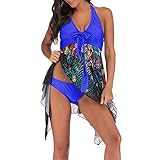 OverDose Damen 2PCS Frauen Blumendruck Übergröße Bikini Set Sommer Bikinis Tankini Swim Kleid Badeanzug Beachwear Gepolsterte Bademode Frauen Plus Size Badeanzüge(Blau,EU44)