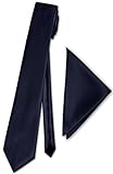PABLO CASSINI (Fliegen) Schmale dünne Satin Krawatte + Einstecktuch + Geschenkkarton - 40 Farben zur Auswahl (Marineblau)