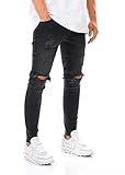 EightyFive Herren Destroyed Jeans Slim Fit Skinny Stretch Denim Schwarz EF1512, Farbe:Schwarz, Hosengröße:W32 L32