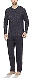 Moonline - Herren Schlafanzug lang aus 100% Baumwolle mit V-Ausschnitt und Streifen-Design, Farbe:Streifen-Druck auf Navy, Größe:54/56