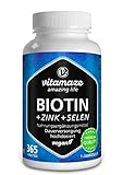 Biotin hochdosiert + Selen + Zink für Haarwuchs, Haut & Nägel - Der VERGLEICHSSIEGER 2018* - 365 vegane Tabletten für 1 Jahr, Biotin hochdosiert 10.000 mcg, Made-in-Germany