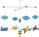 Mobile"Luftfahrt" aus Holz, bunt lackierte Flugzeuge, Wölkchen und ein Heißluftballon sorgen von Geburt an für Spaß, Ablenkung und Entspannung