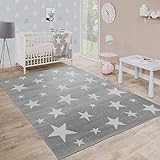 Paco Home Moderner Kurzflor Kinderteppich Sternendesign Kinderzimmer Star Muster Grau Weiß, Grösse:120x170 cm