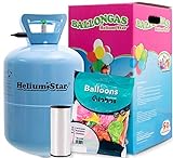Helium Ballongas für bis zu 50 Ballons + 50 bunte Latexballons (Ø 25cm) + Polyband HeliumStar® Einwegflasche XXL EINWEG